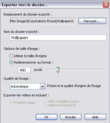 fenêtre d'exportation de Picasa
